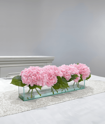 French Artificial Hydrangeas Centerpiece In Long Glass Vase